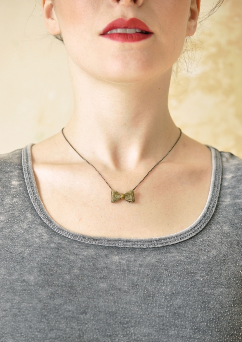 Bowtie Necklace by Forrest Bacigalupi | brass mesh bow, sterling. Bowtie Necklace